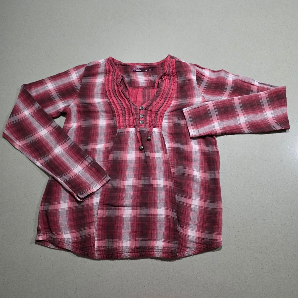 Prana Womens Red Plaid Pintuck Pleated Bib Long Sleeve Blouse Size M